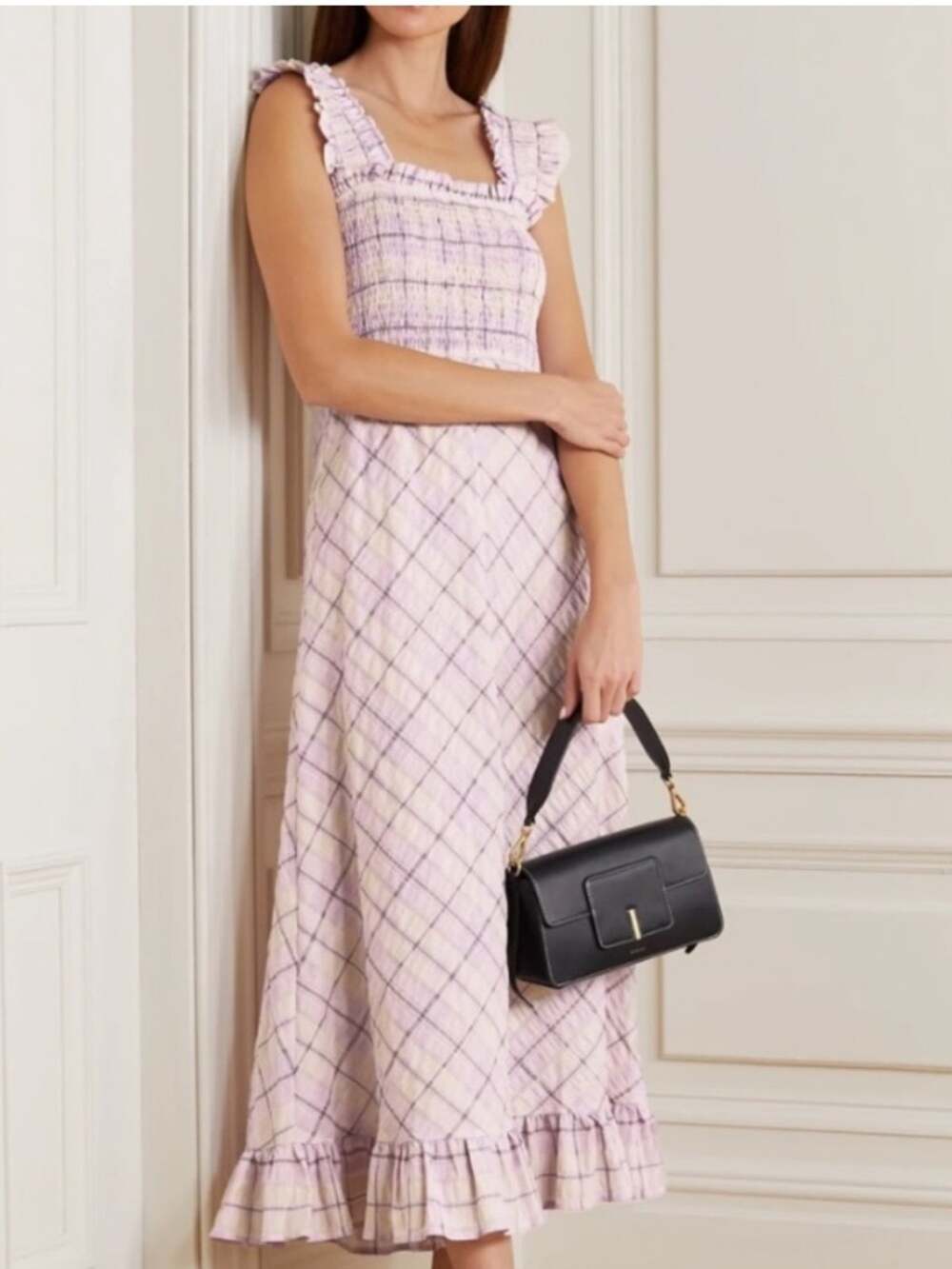 Ganni Seersucker Check Midi Dress in Orchid Bloom Size 44 14 XL Print Ruffle